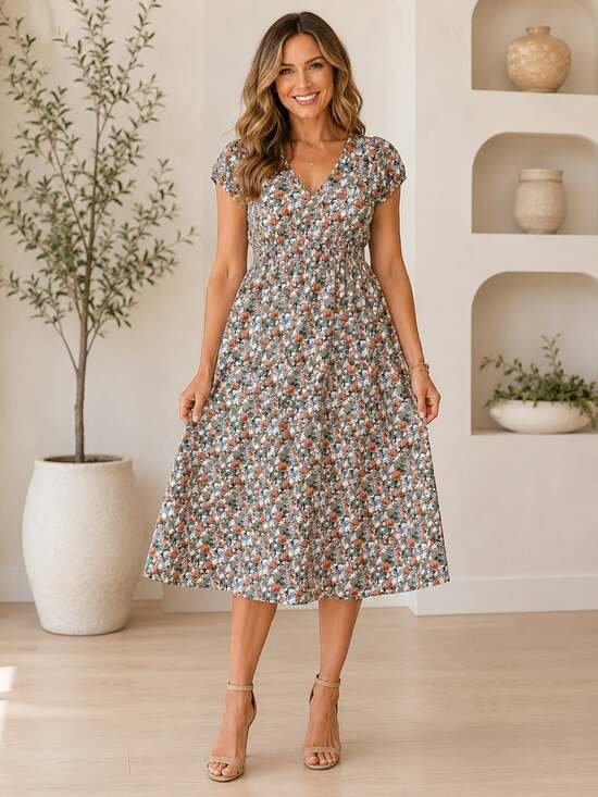 Mikarose Dresses & Skirts - Mikarose Floral V-Neck Midi Dress Women’s Large Modest Short Sleeve Lined